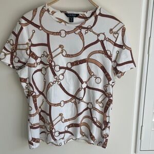RALPH LAUREN Women's Brown on White Belting-Print Cotton-Blend Crewneck Tee XXL